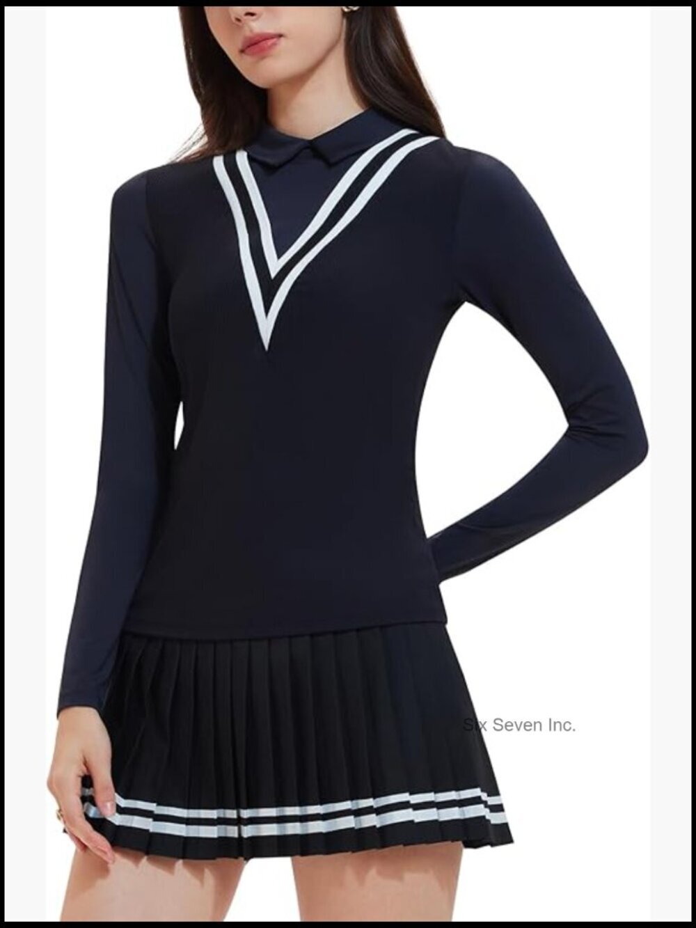 2 Piece Tennis Skirt Set Long Sleeve Polo Top & Pleated Skorts for Pickleball